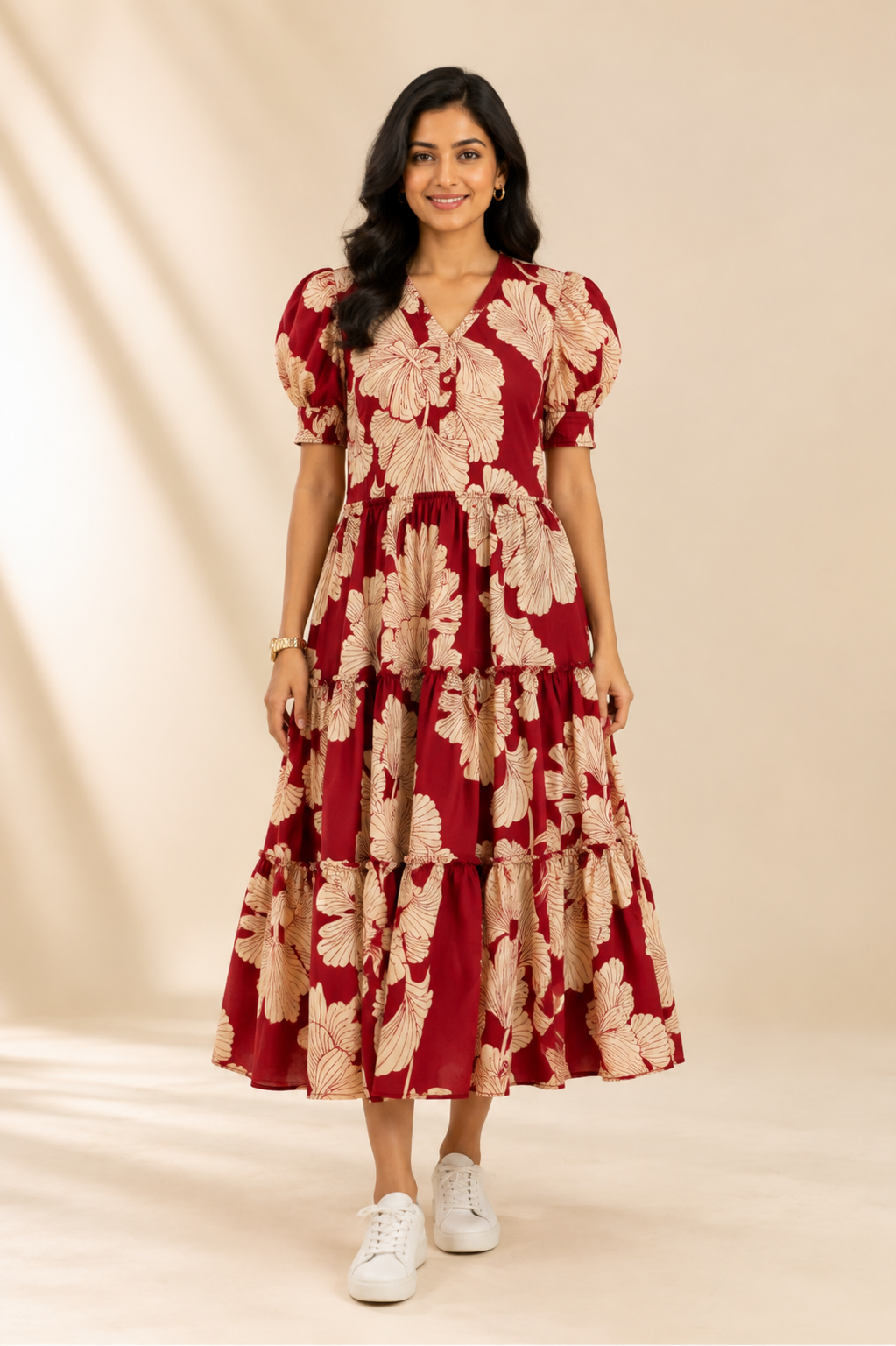 Women's Pure Cotton Printed Midi Kurti with Puff Sleeves