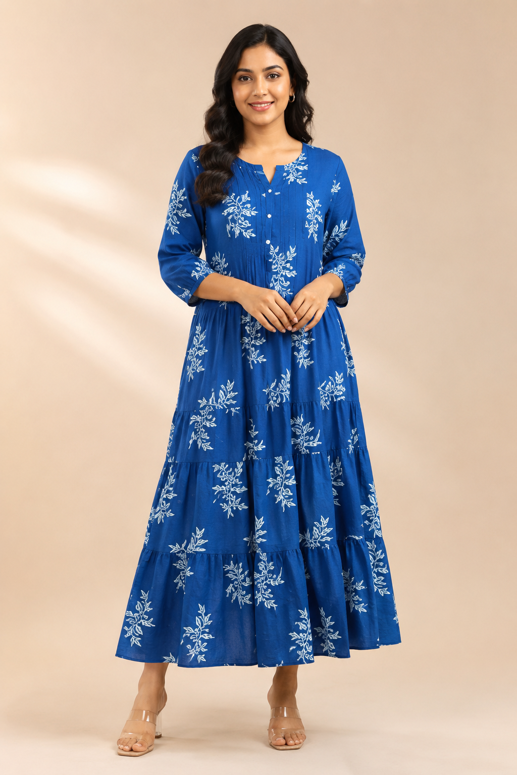 Women's Pure Cotton Printed Midi Kurti with Puff Sleeves