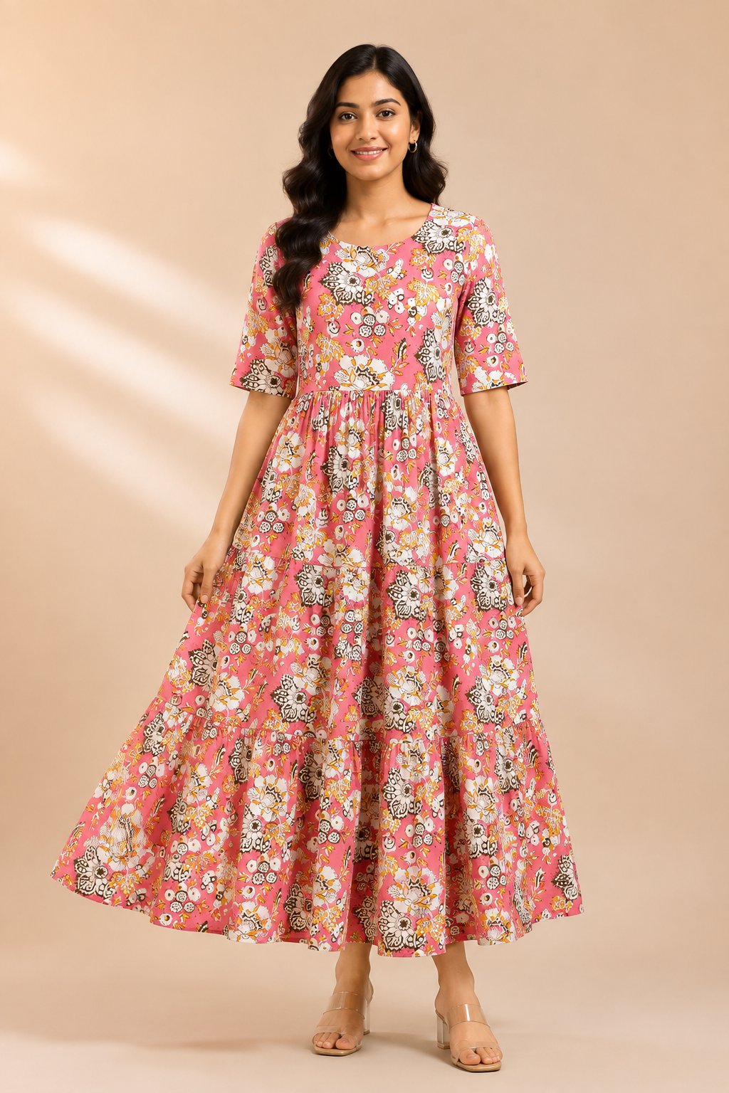 Women's Pure Cotton Printed Midi Kurti with Puff Sleeves