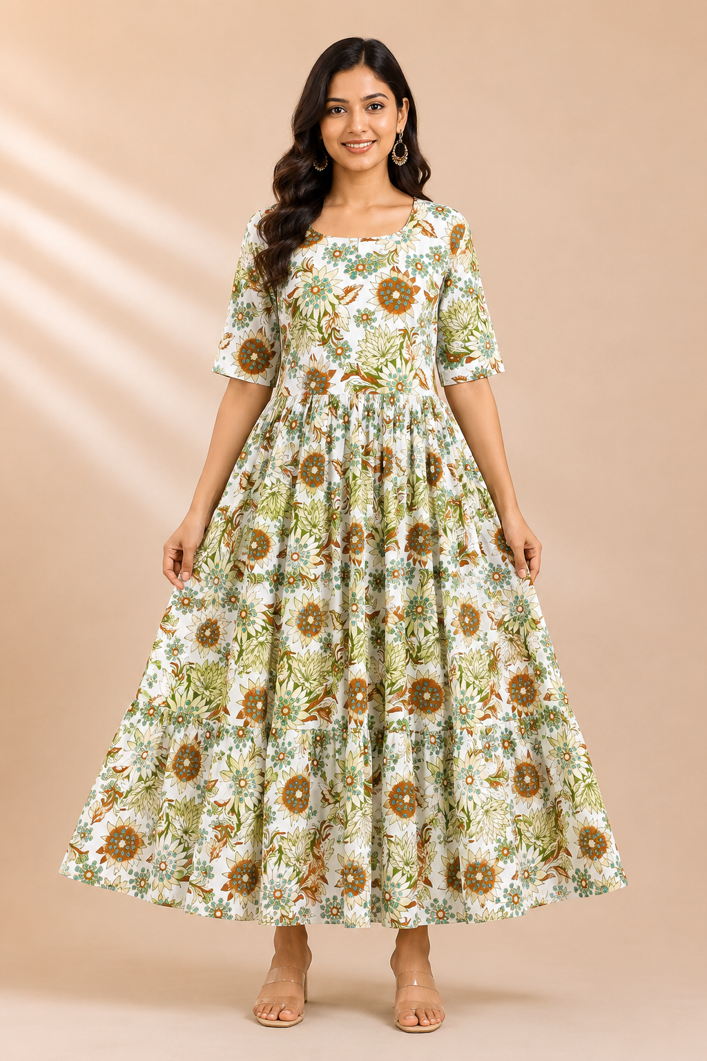 Women's Pure Cotton Printed Midi Kurti with Puff Sleeves