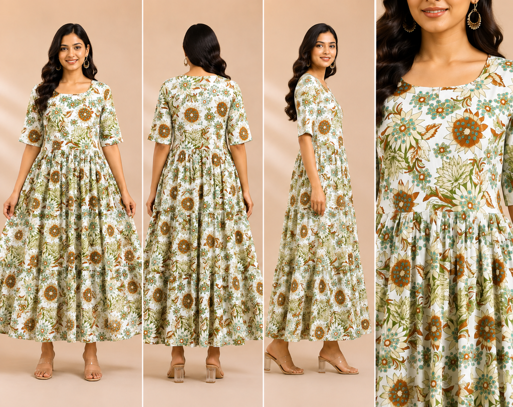 Women's Pure Cotton Printed Midi Kurti with Puff Sleeves