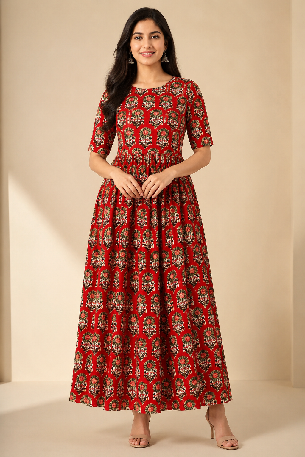 Women's Pure Cotton Printed Midi Kurti with Puff Sleeves