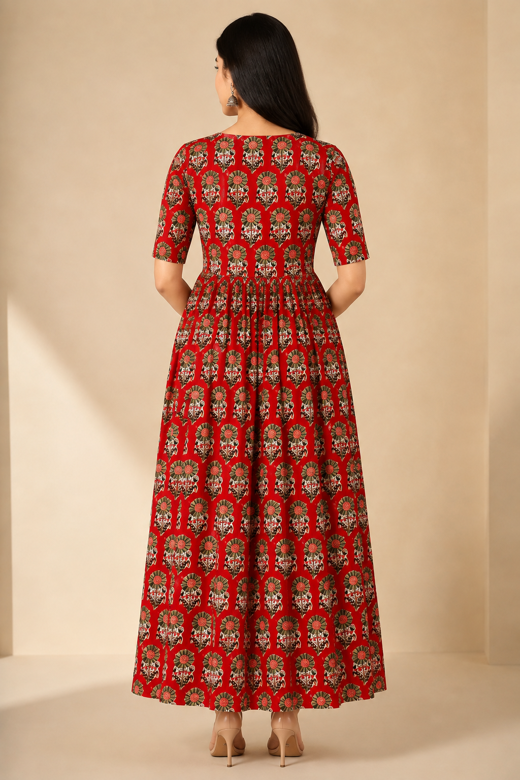 Women's Pure Cotton Printed Midi Kurti with Puff Sleeves