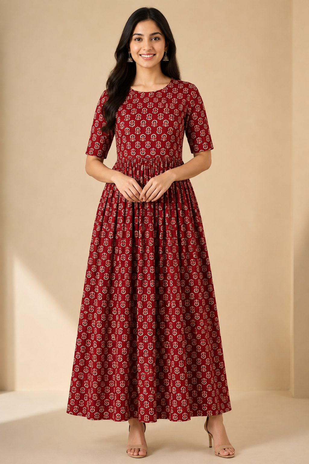 Women's Pure Cotton Printed Midi Kurti with Puff Sleeves