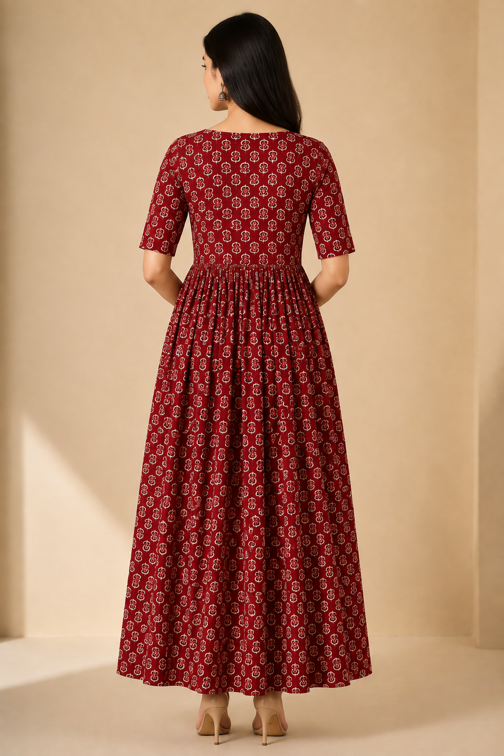 Women's Pure Cotton Printed Midi Kurti with Puff Sleeves