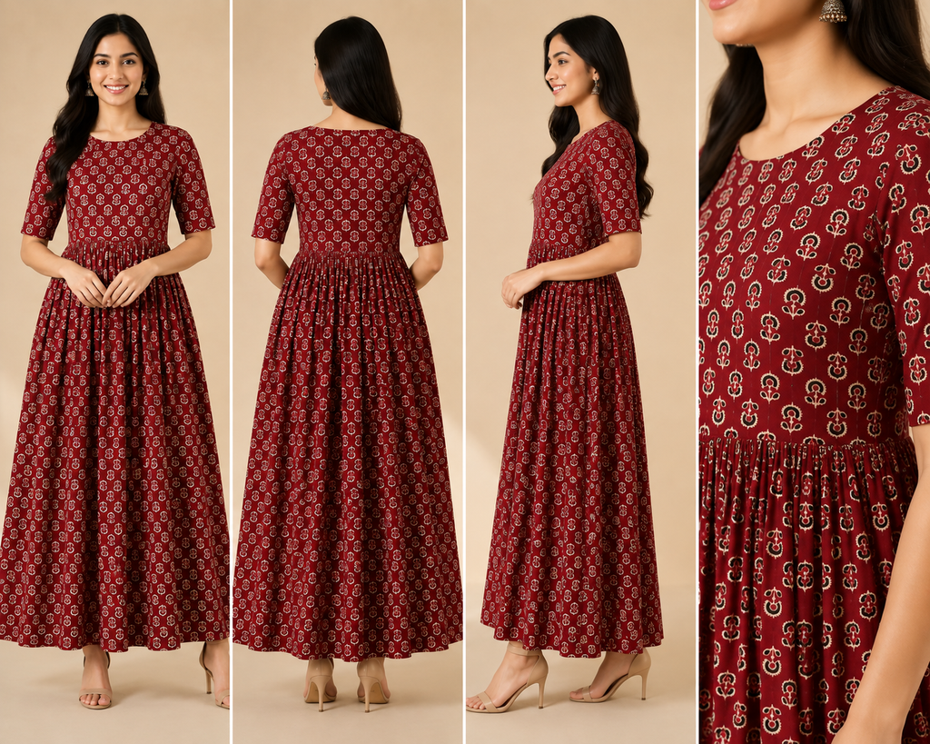 Women's Pure Cotton Printed Midi Kurti with Puff Sleeves