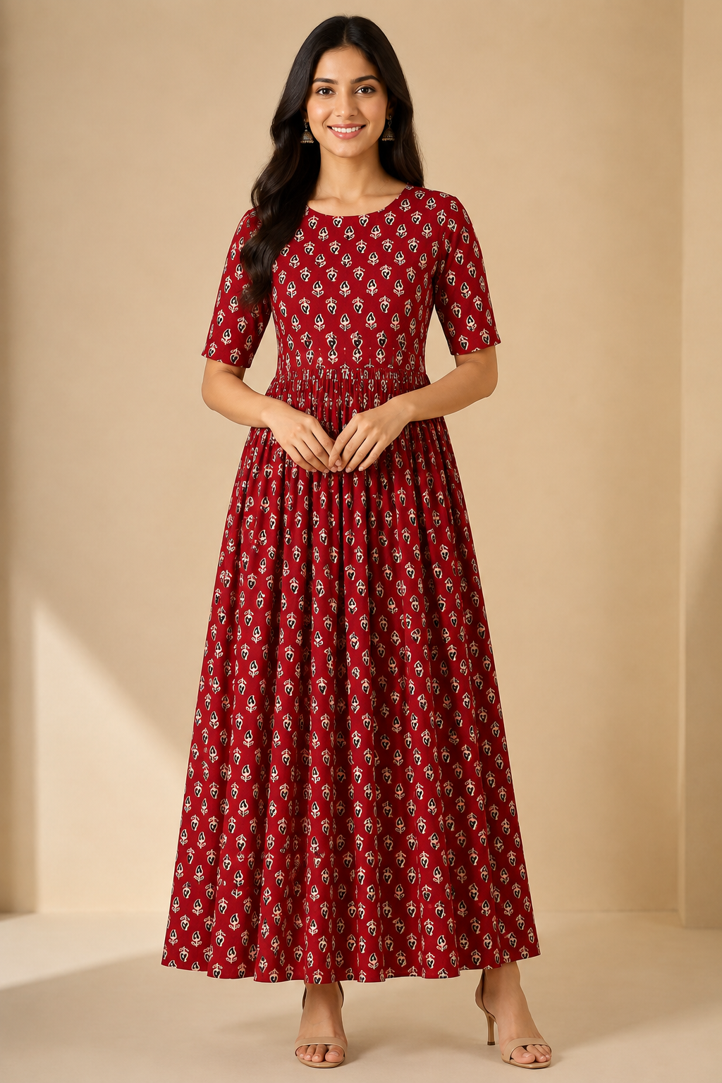 Women's Pure Cotton Printed Midi Kurti with Puff Sleeves
