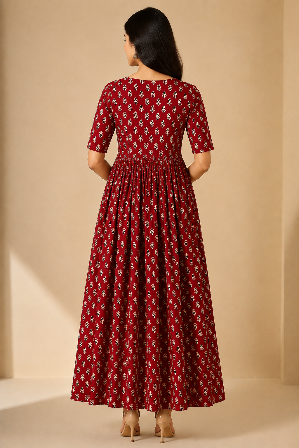 Women's Pure Cotton Printed Midi Kurti with Puff Sleeves