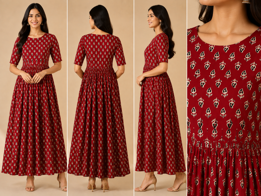 Women's Pure Cotton Printed Midi Kurti with Puff Sleeves