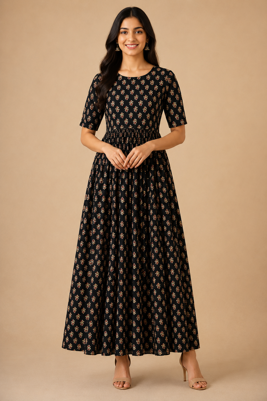Women's Pure Cotton Printed Midi Kurti with Puff Sleeves