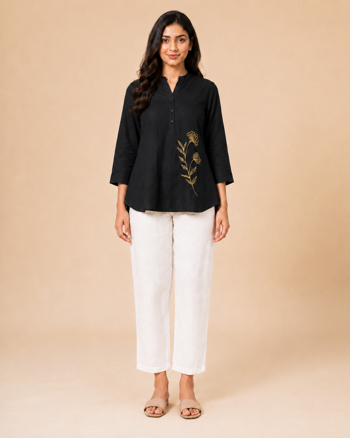 Floral Embroidered Women’s Cotton Slub Kurti Pant Set