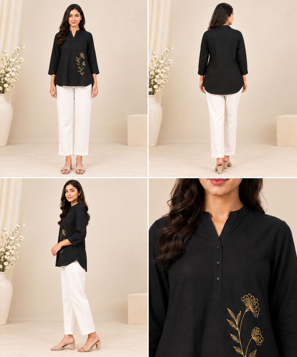 Floral Embroidered Women’s Cotton Slub Kurti Pant Set