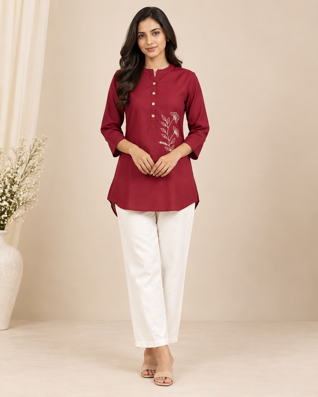 Floral Embroidered Women’s Cotton Slub Kurti Pant Set
