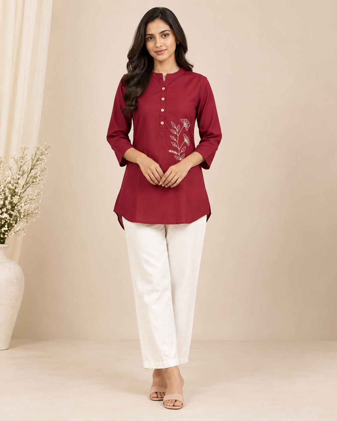 Floral Embroidered Women’s Cotton Slub Kurti Pant Set