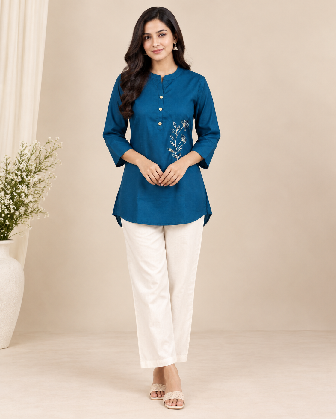 Floral Embroidered Women’s Cotton Slub Kurti Pant Set