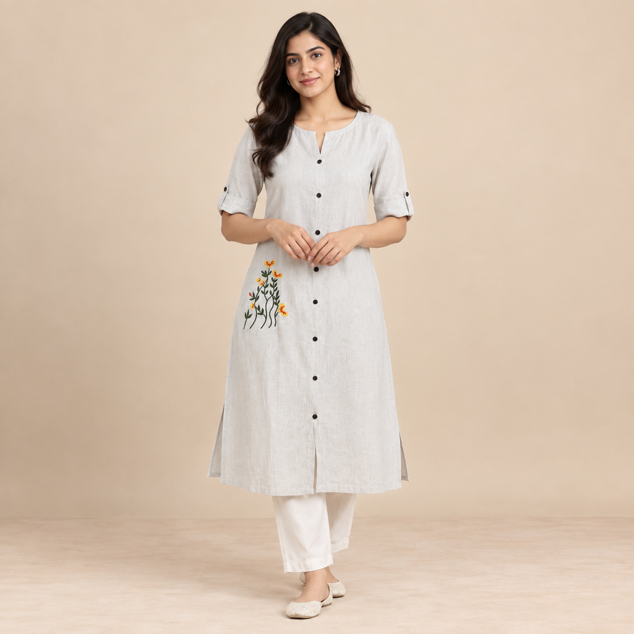 Ivory Floral Embroidered Women's Long Kurti – Button Front