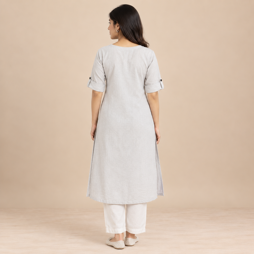 Ivory Floral Embroidered Women's Long Kurti – Button Front