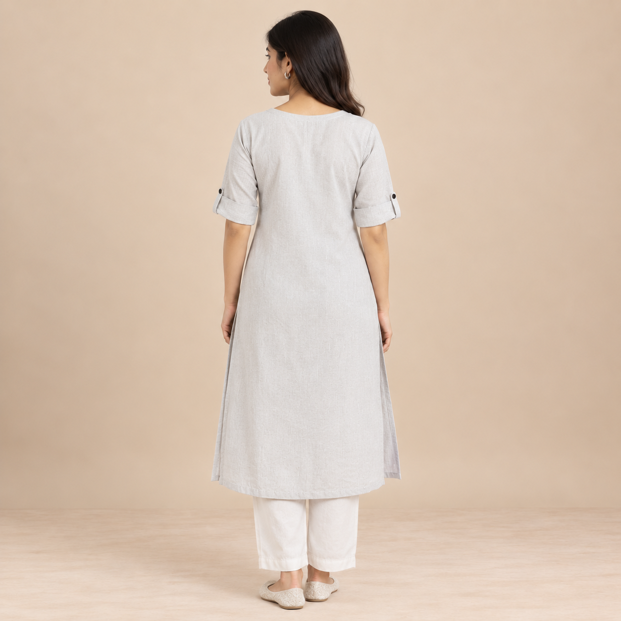 Ivory Floral Embroidered Women's Long Kurti – Button Front