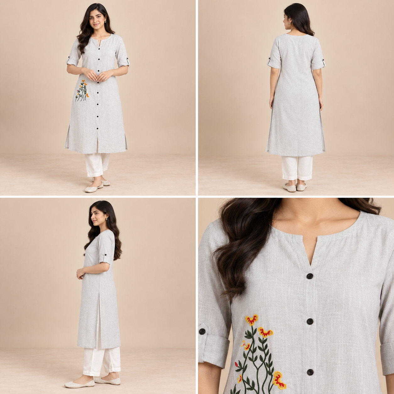 Ivory Floral Embroidered Women's Long Kurti – Button Front