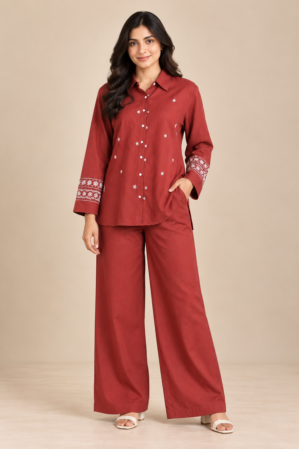Embroidered Women's Co-ord Set – Wide Leg Pants