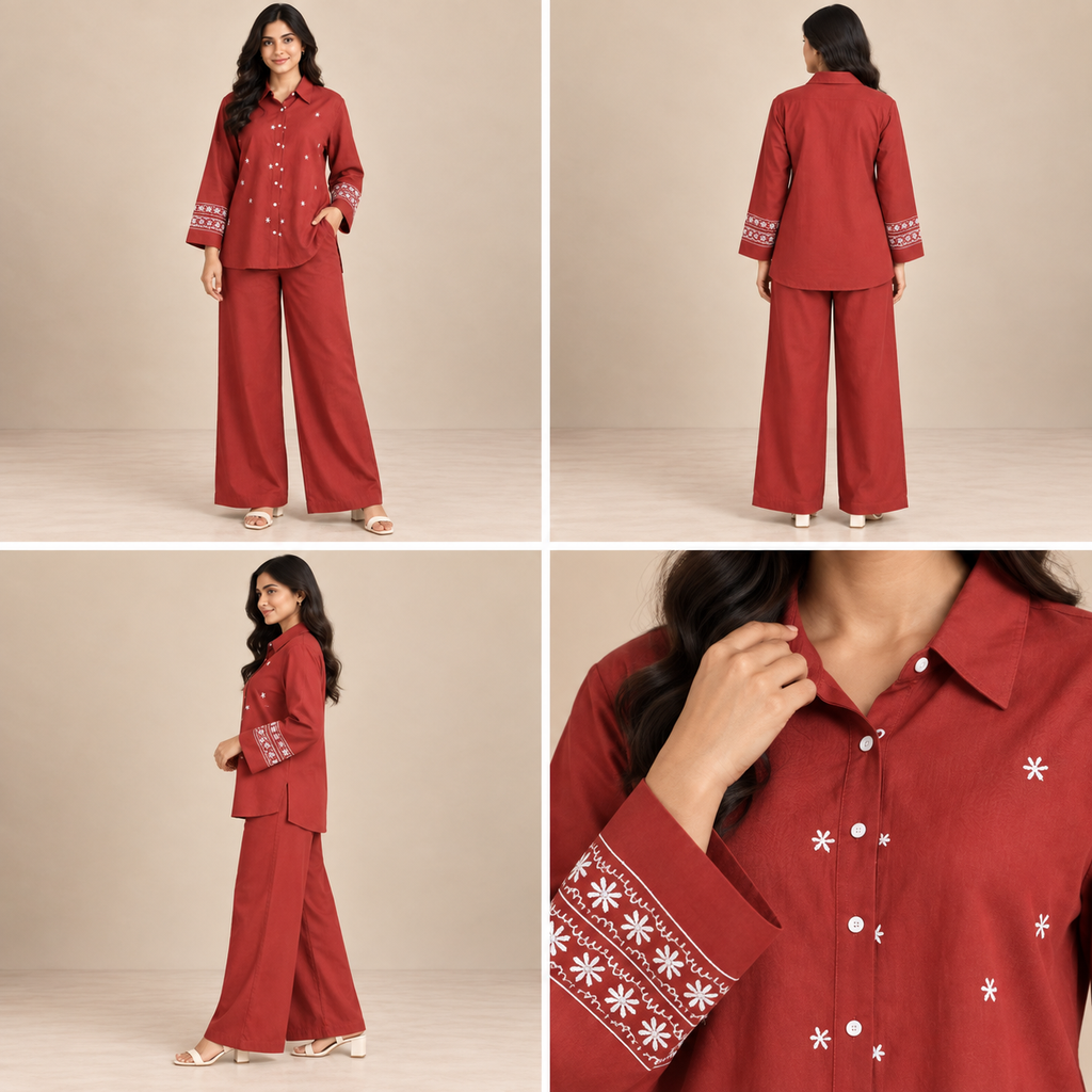 Embroidered Women's Co-ord Set – Wide Leg Pants