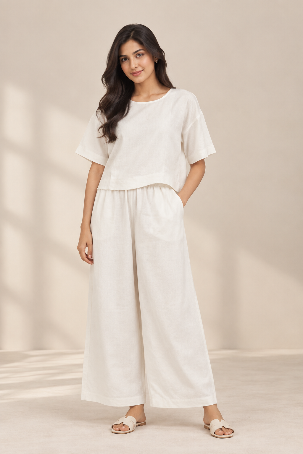 Women's Solid Relaxed Co-ord Set – Crop Top & Wide-Leg Pants