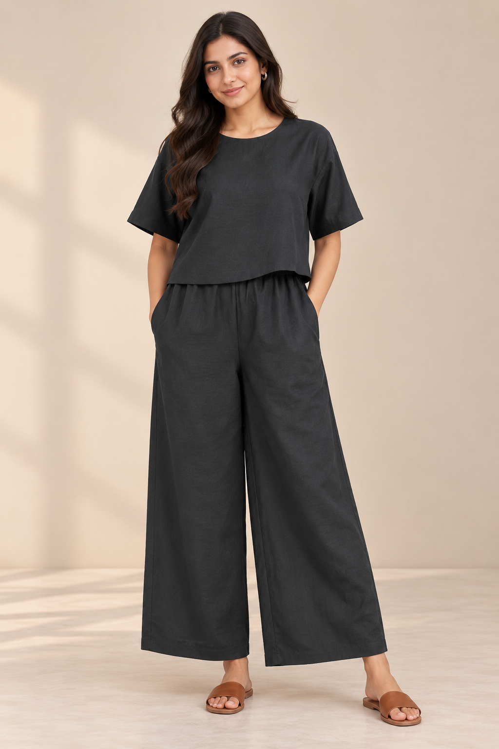 Women's Solid Relaxed Co-ord Set – Crop Top & Wide-Leg Pants