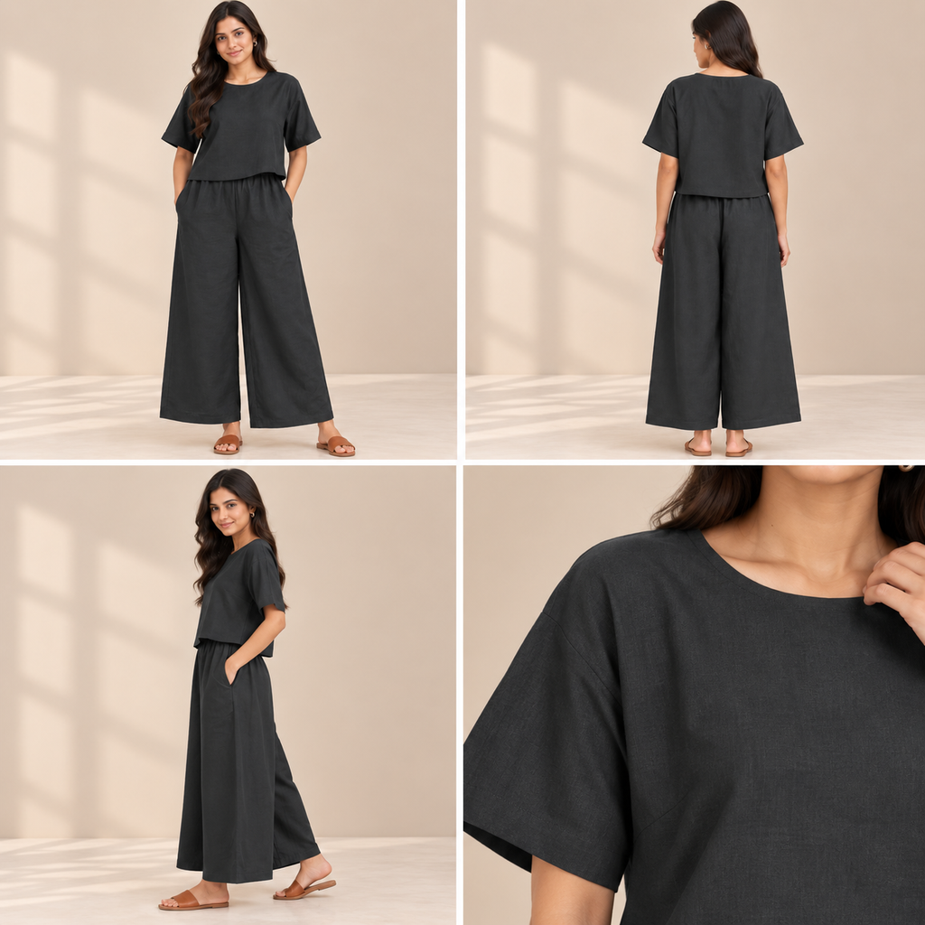 Women's Solid Relaxed Co-ord Set – Crop Top & Wide-Leg Pants