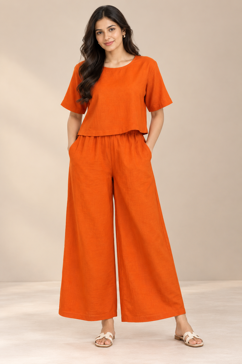 Women's Solid Relaxed Co-ord Set – Crop Top & Wide-Leg Pants