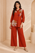 Rust Floral Embroidered Women's Short Kurta Set