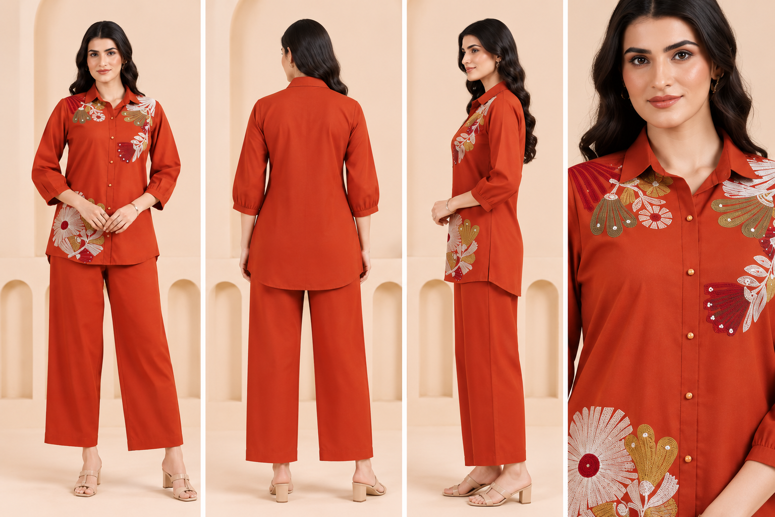 Rust Floral Embroidered Women's Short Kurta Set