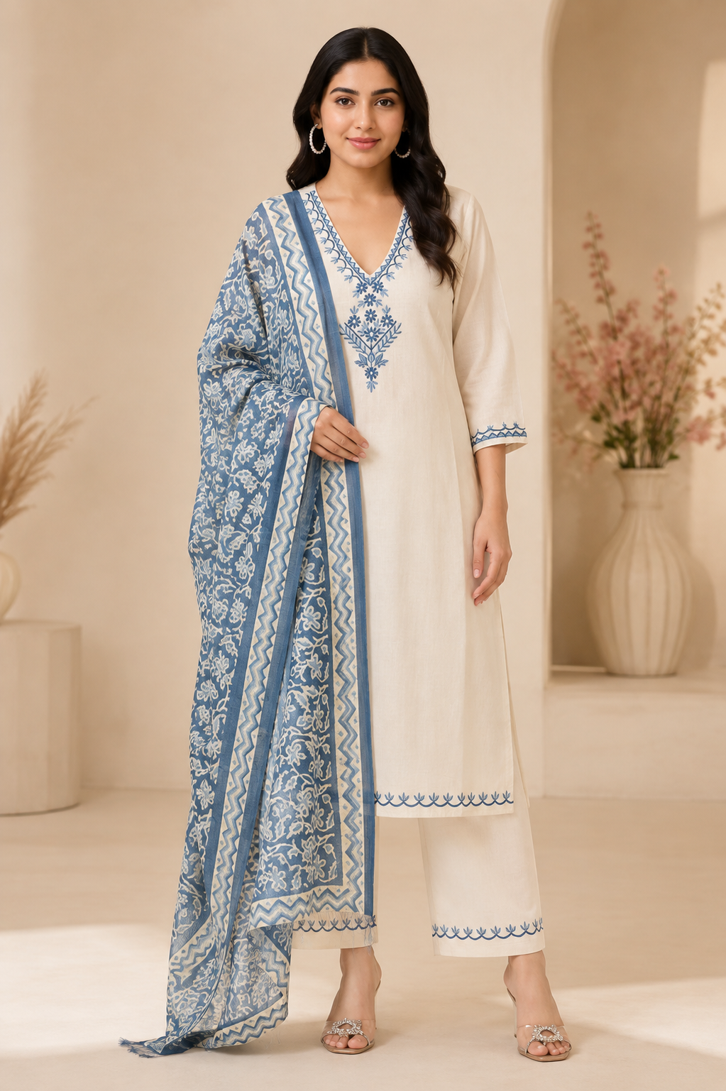 Ivory Floral Embroidered Women's Kurta Set – Blue Dupatta