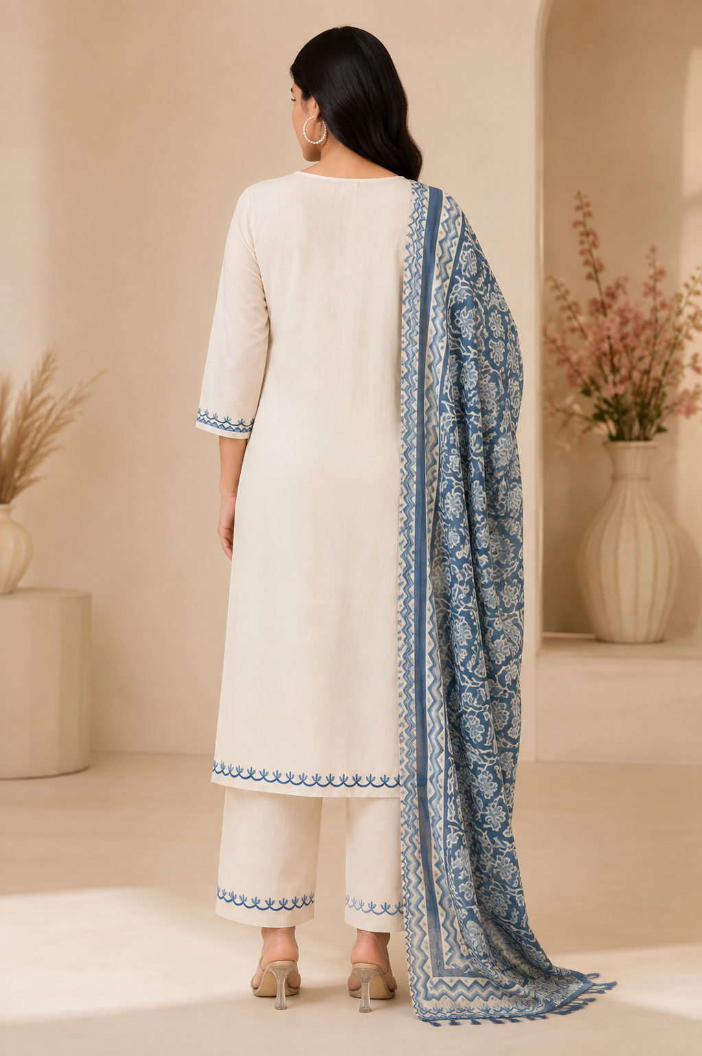 Ivory Floral Embroidered Women's Kurta Set – Blue Dupatta