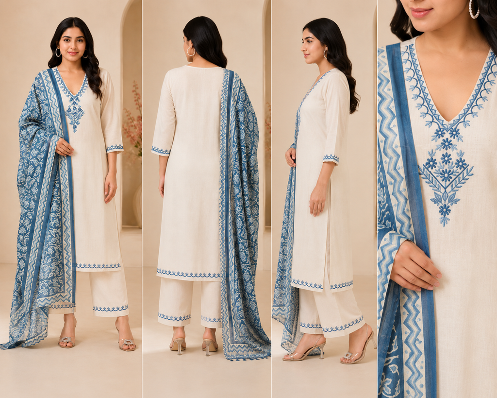 Ivory Floral Embroidered Women's Kurta Set – Blue Dupatta
