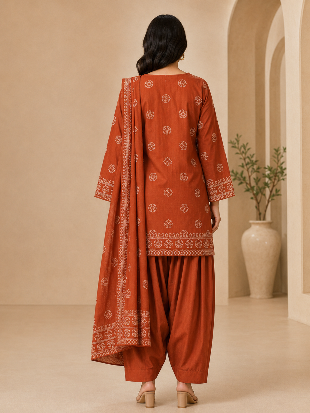 Rust Orange Printed Women's Short Kurti Set – Afghani Style