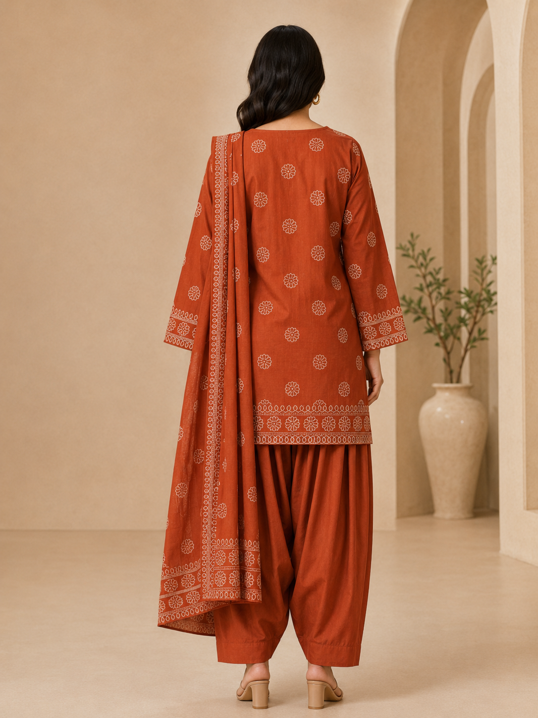 Rust Orange Printed Women's Short Kurti Set – Afghani Style