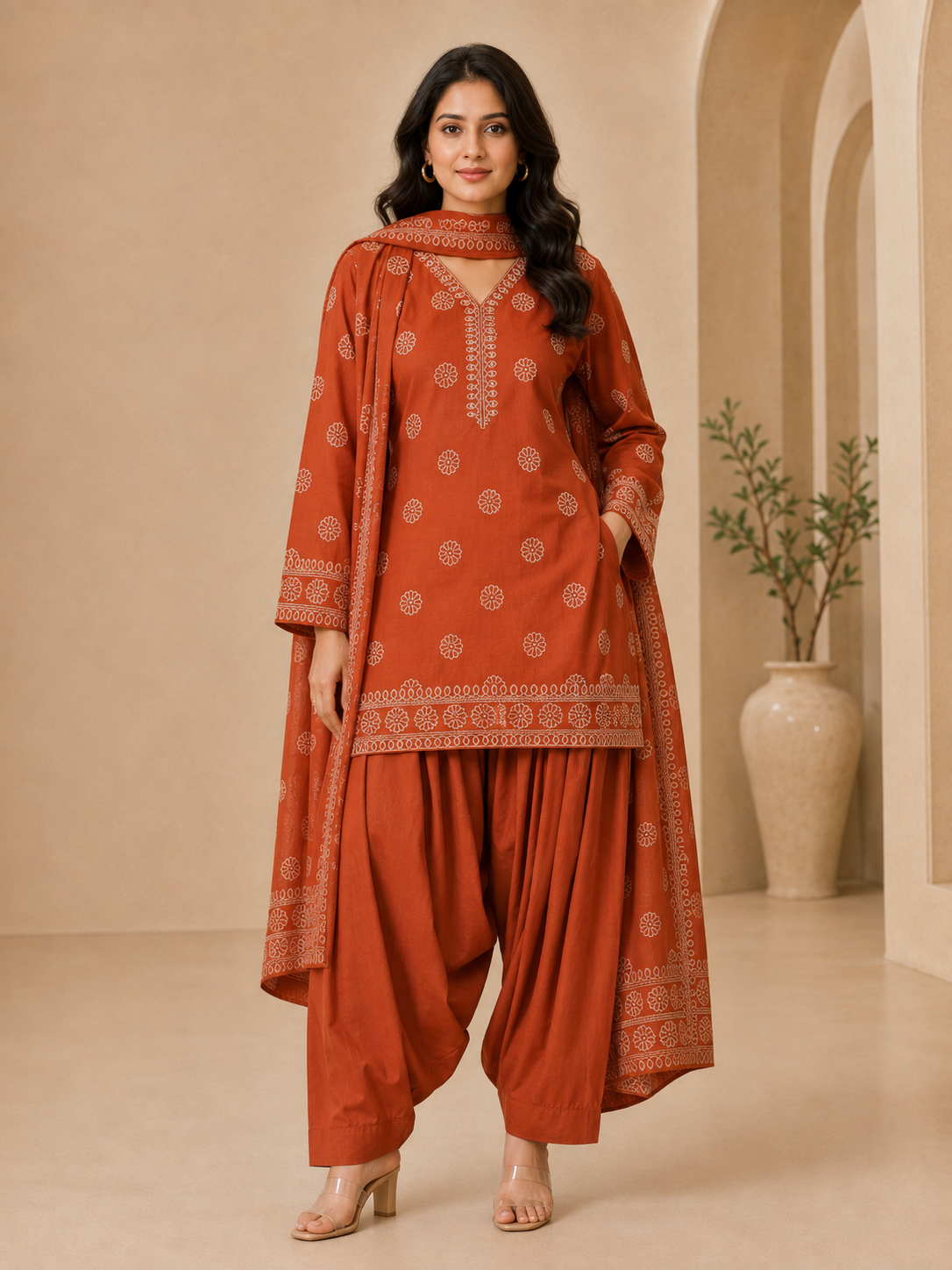 Rust Orange Printed Women's Short Kurti Set – Afghani Style