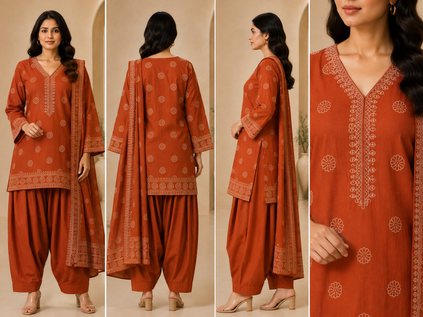 Rust Orange Printed Women's Short Kurti Set – Afghani Style