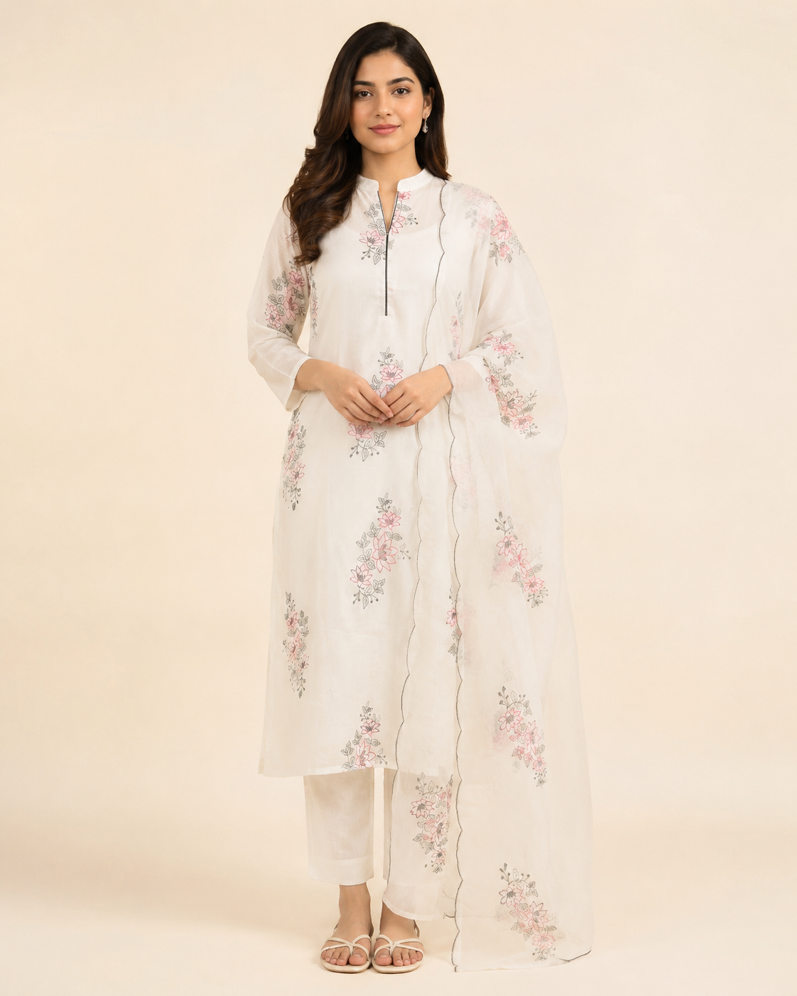 Ivory Handloom Cotton Embroidered 3-Piece Suit Set