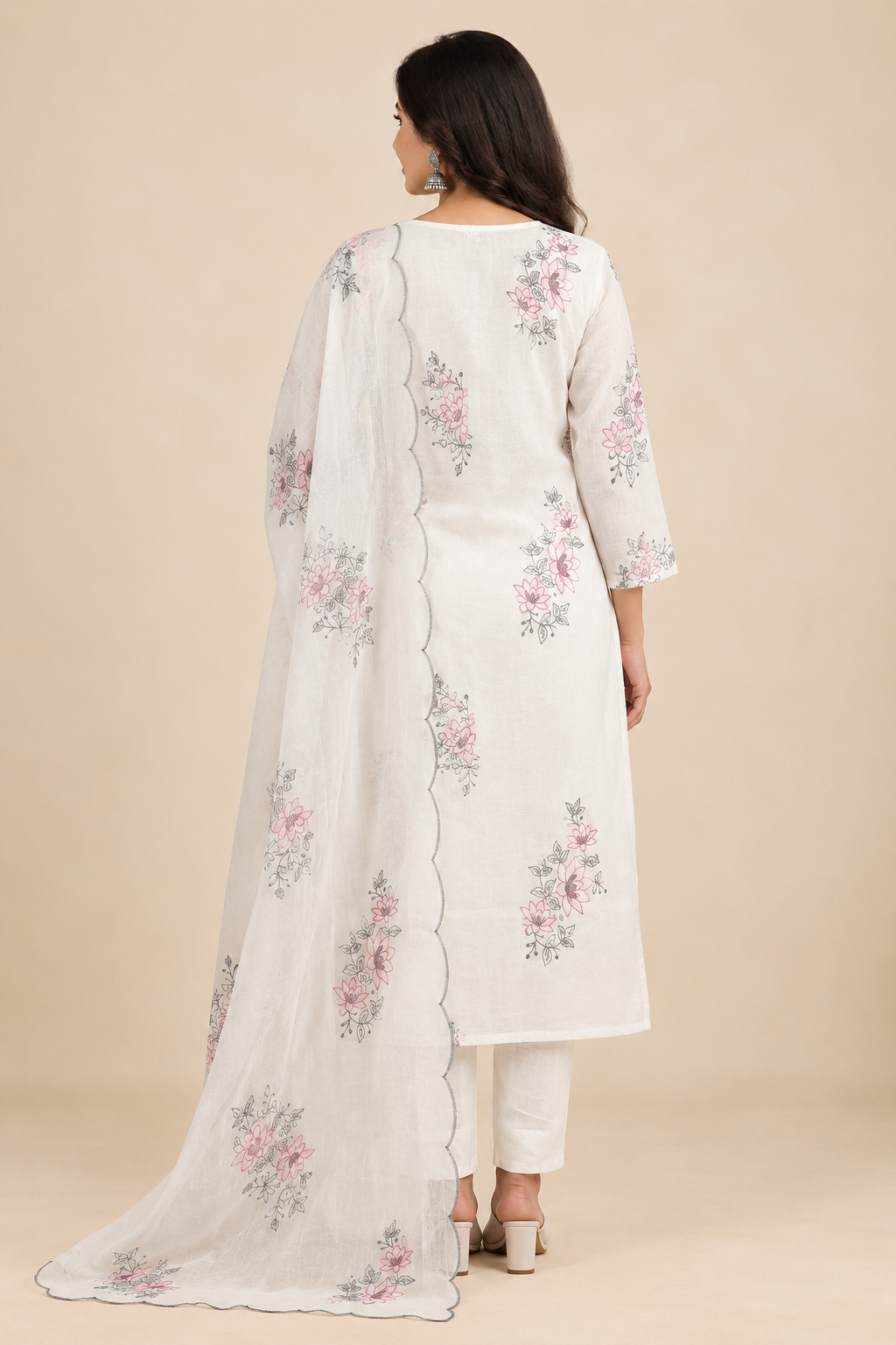 Ivory Handloom Cotton Embroidered 3-Piece Suit Set