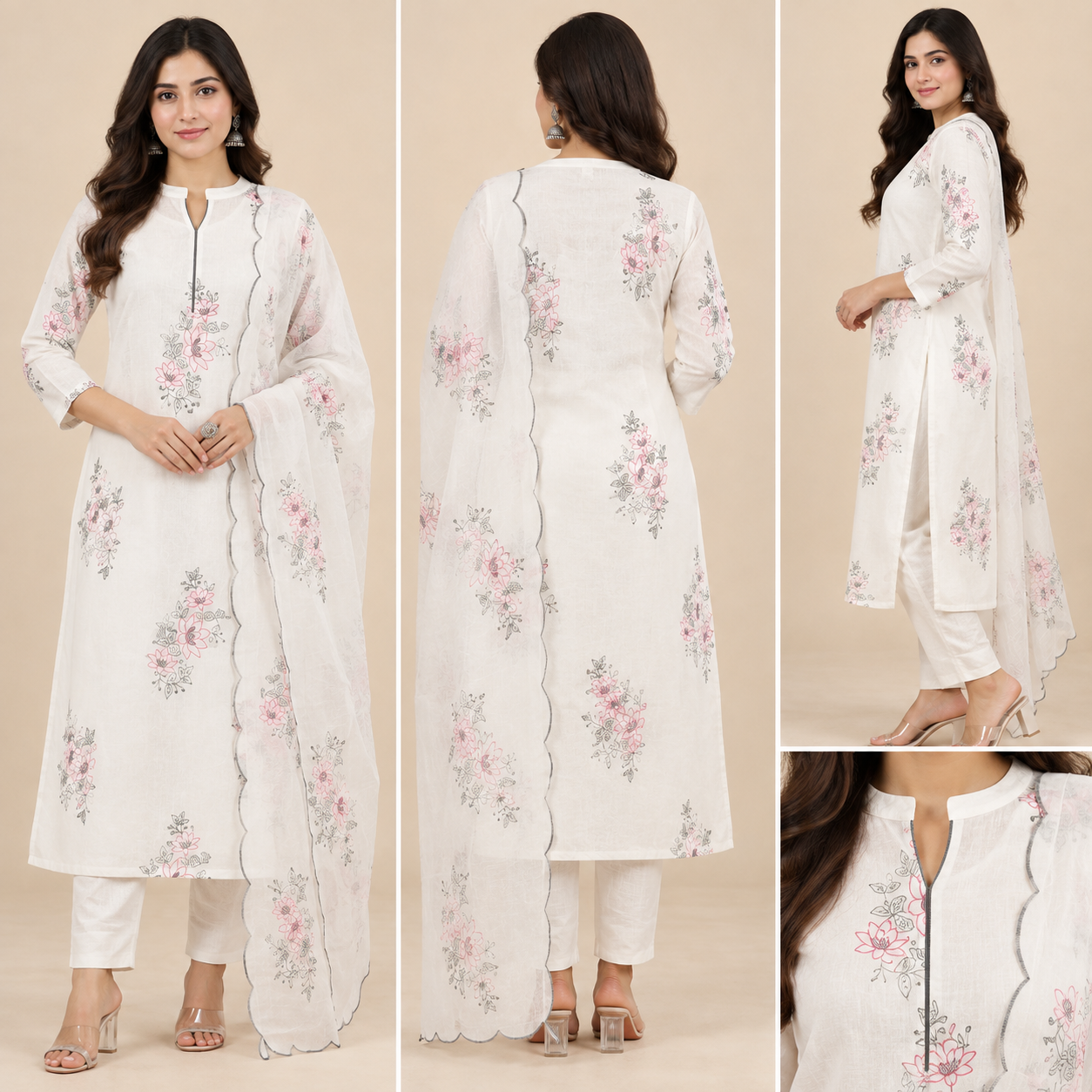 Ivory Handloom Cotton Embroidered 3-Piece Suit Set