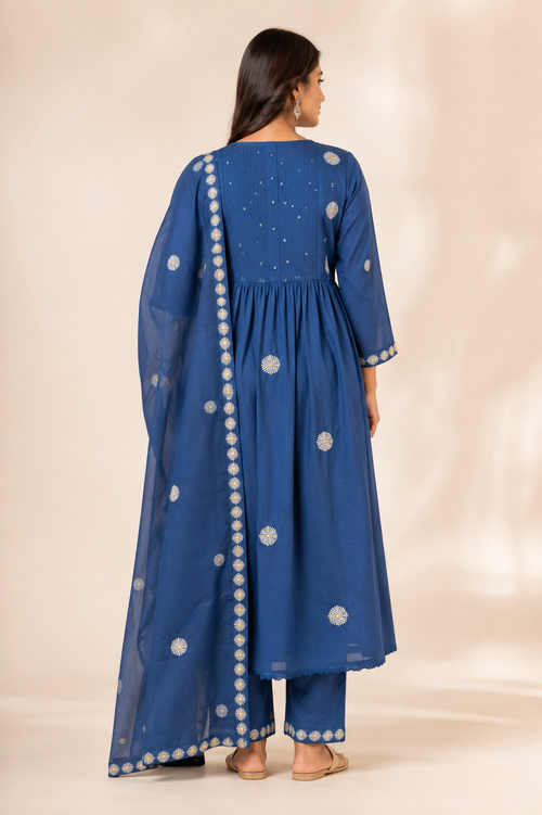 Embroidered Anarkali Kurti Pant Dupatta Set [Navy]