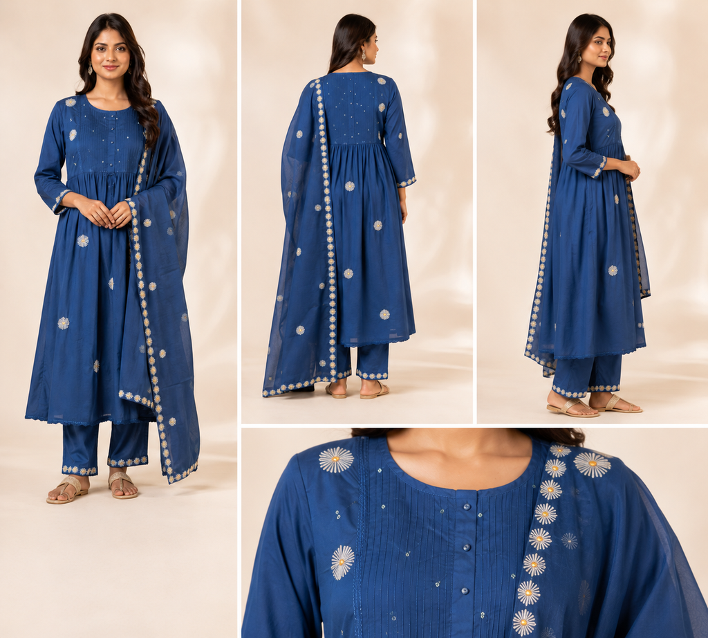 Embroidered Anarkali Kurti Pant Dupatta Set