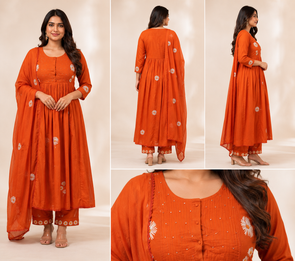 Embroidered Anarkali Kurti Pant Dupatta Set