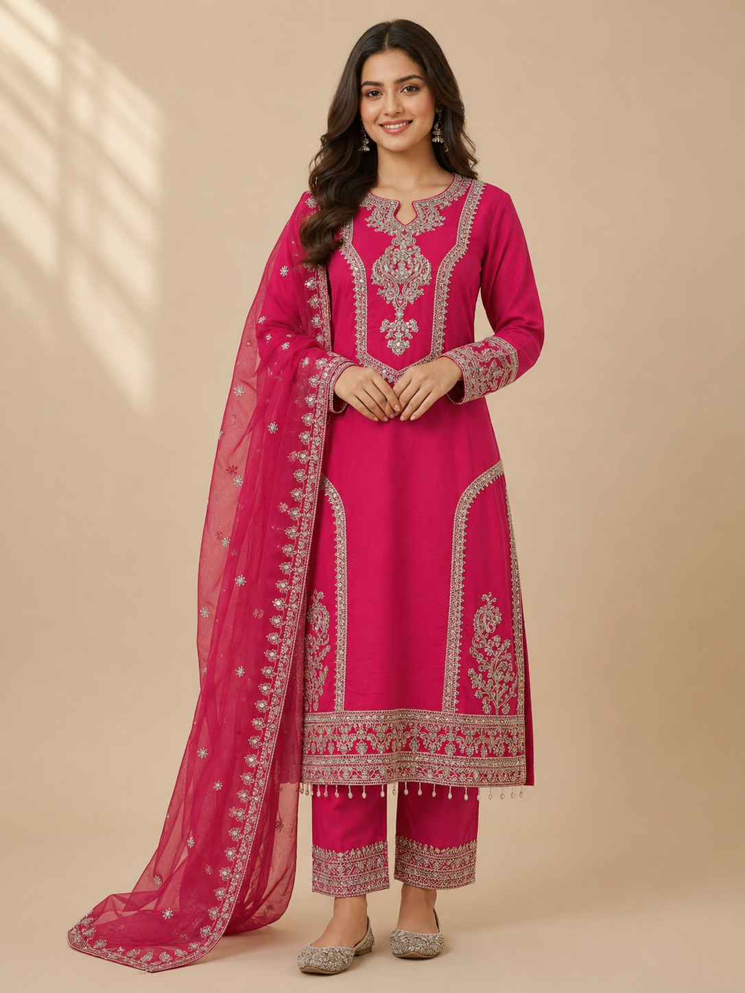 Embroidered Women's 3-Piece Kurta Set with Potli