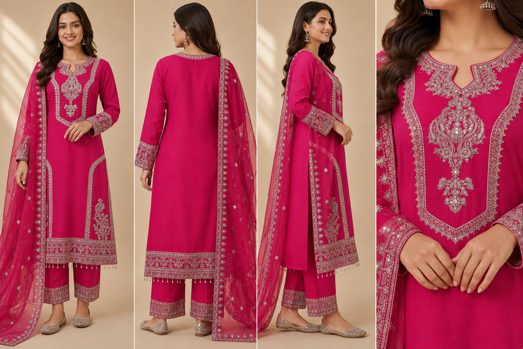 Embroidered Women's 3-Piece Kurta Set with Potli