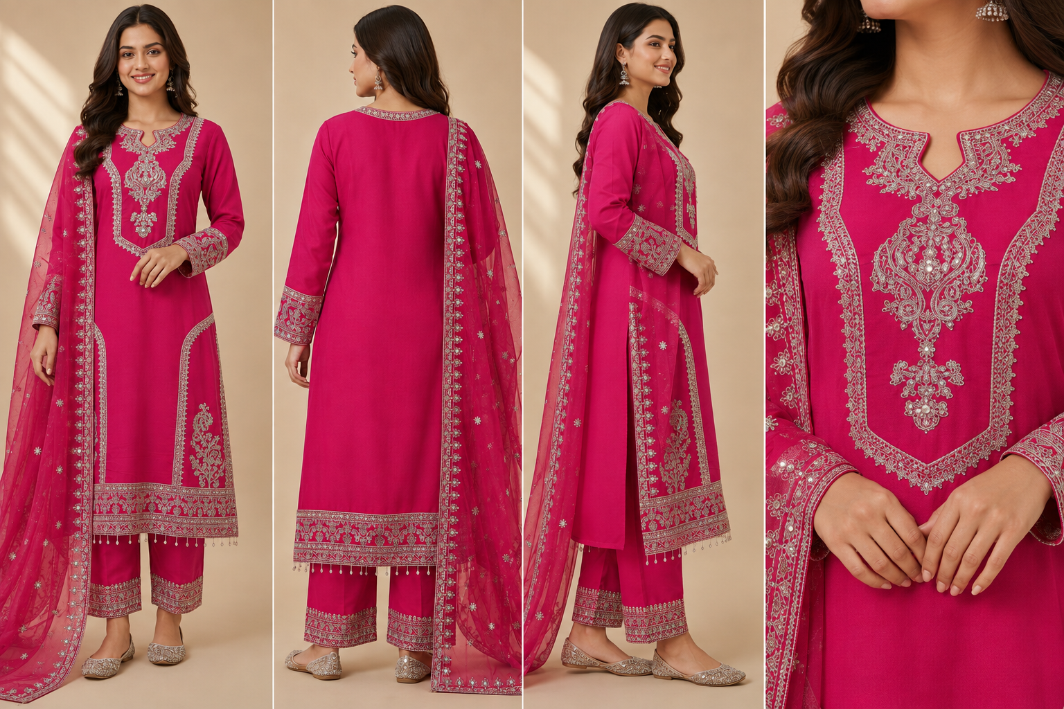 Embroidered Women's 3-Piece Kurta Set with Potli