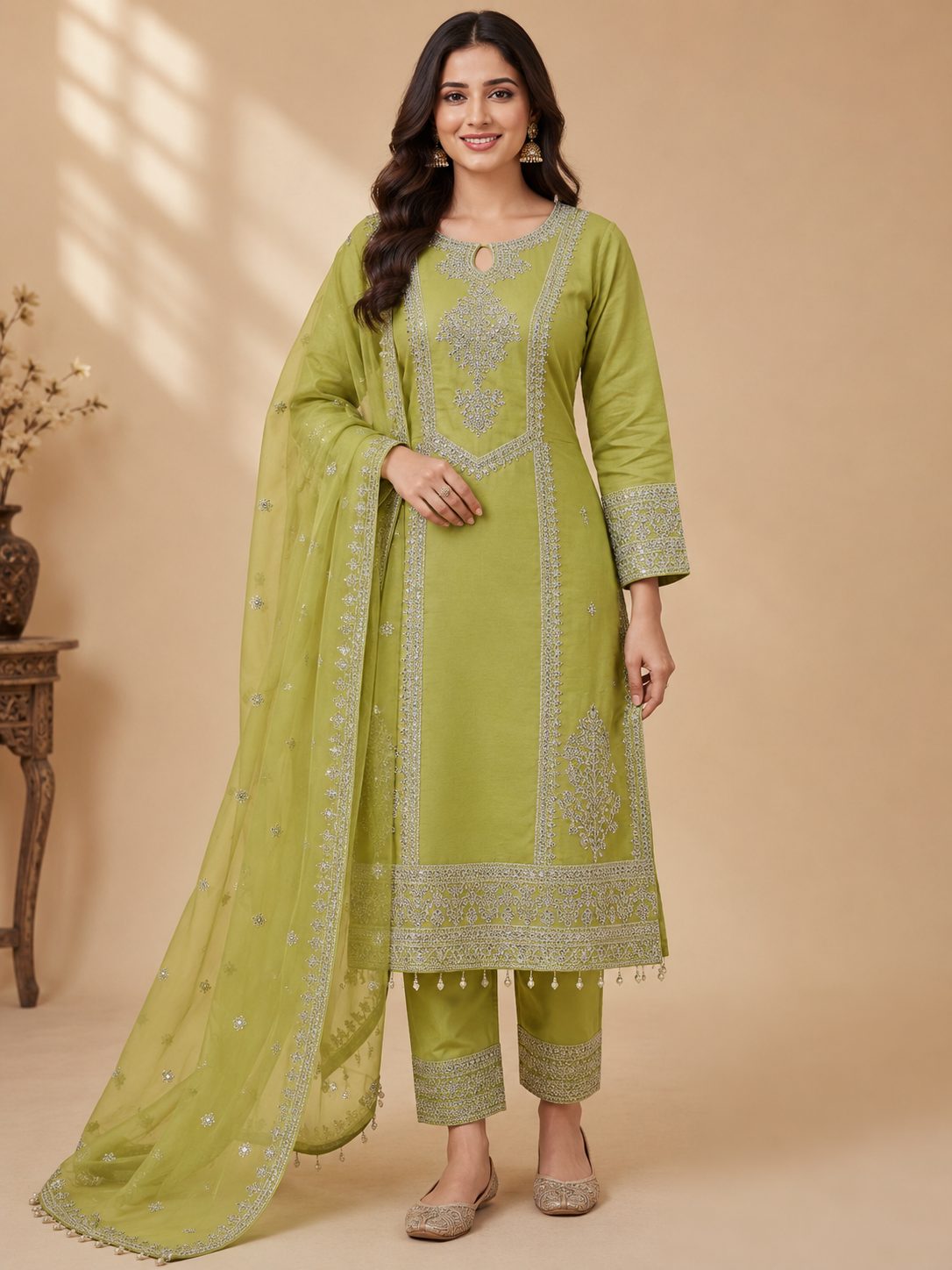 Embroidered Women's 3-Piece Kurta Set with Potli