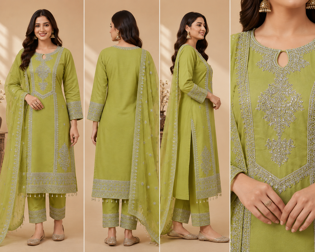 Embroidered Women's 3-Piece Kurta Set with Potli