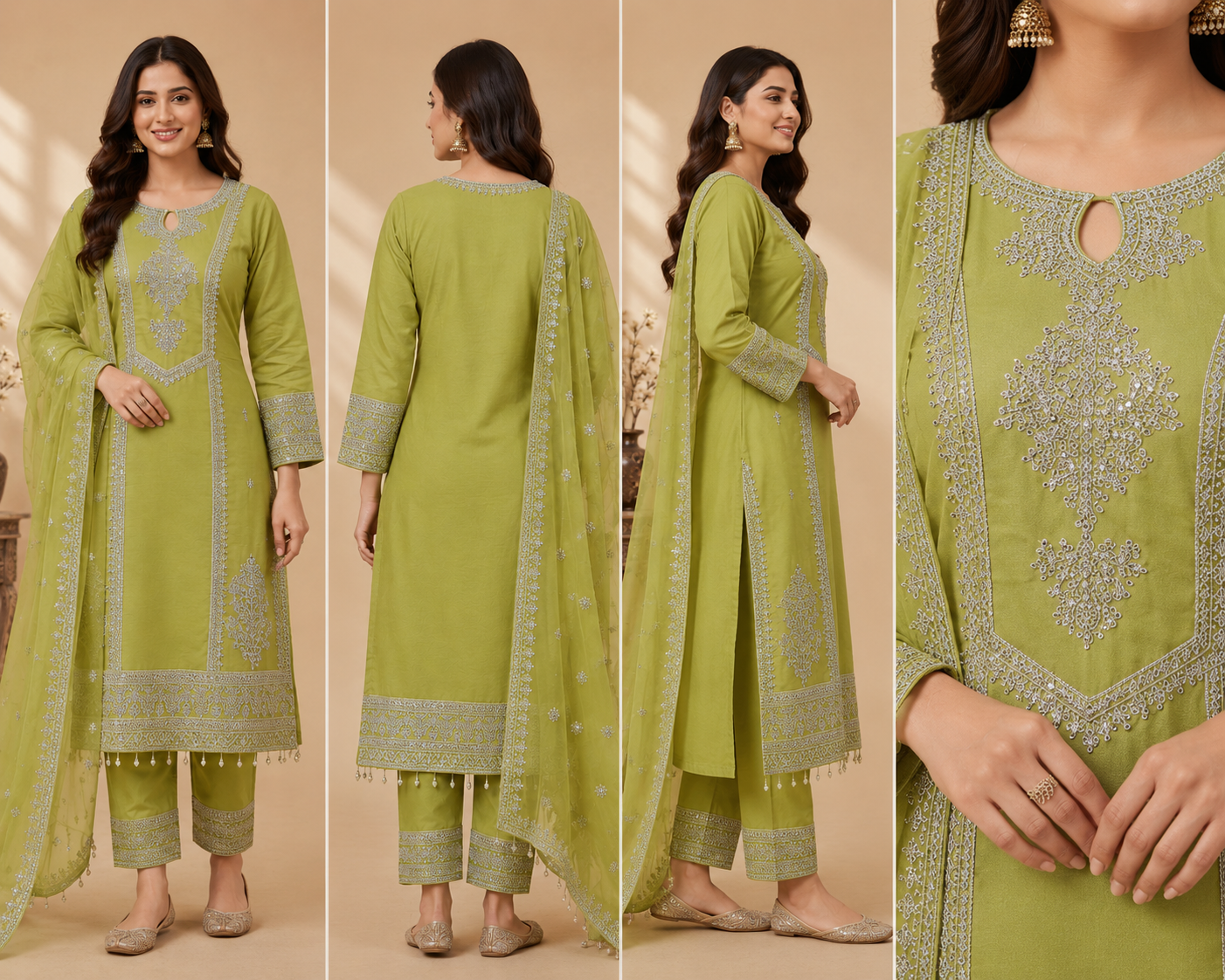Embroidered Women's 3-Piece Kurta Set with Potli